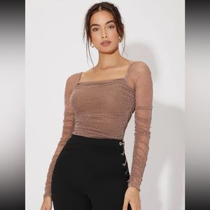 SHEIN Unity Mesh Panel Ruched Glitter Top